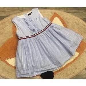 Tommy Hilfiger Baby Girls Blue/Wht/Silver Seersucker Lined Dress Size 18M